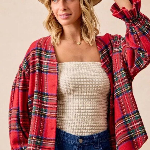 BiBi Christmas Plaid V-Neck Flounce Sleeve Jacket - Picture 11 of 15